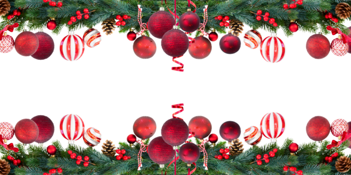 PNG image of Festive christmas background featuring red ornaments pine cones and green fir branches perfect for holiday greetings and seasonal designs and celebrations