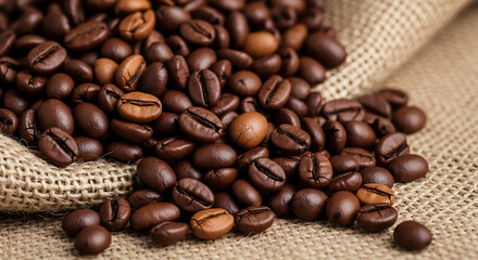 Obraz premium A close up shot of roasted coffee beans scattered on a burlap sack surface in a detailed view