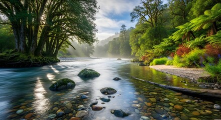 A scenic river flowing through a lush green forest with rocks and trees on either side of the water