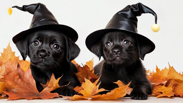 Two adorable puppies don stylish hats while exploring a patch of colorful autumn leaves, showcasing playful antics in a vibrant setting