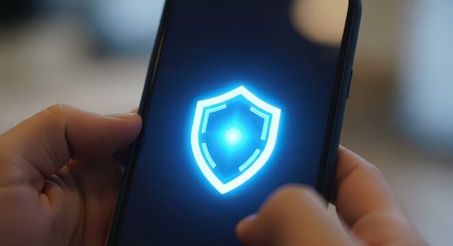 Person interacts with mobile device displaying glowing digital security emblem