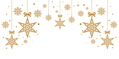 Elegant Christmas border banner featuring hanging golden star decorations intricately patterned with snowflakes. Isolated on a clean white background, this festive design is perfect for holiday header