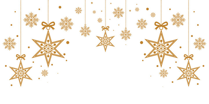 Elegant Christmas border banner featuring hanging golden star decorations intricately patterned with snowflakes. Isolated on a clean white background, this festive design is perfect for holiday header