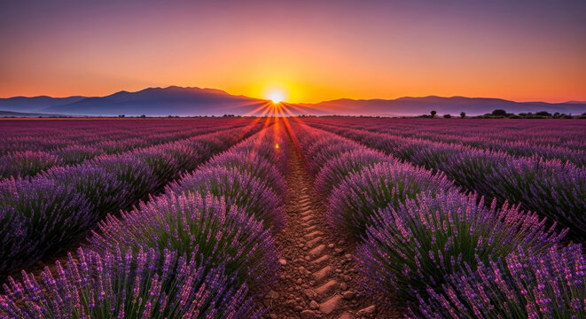 Vibrant purple lavender rows reaching towards a golden sunrise