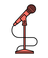 A coral-colored microphone stands on a black adjustable stand, ready for performance.