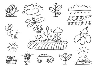 A collection of simple black and white line drawings depicting various elements of nature, growth, and the environment.