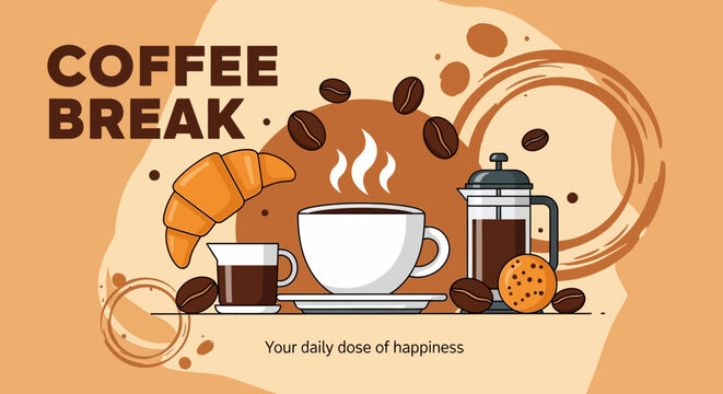 Charming flat illustration depicting a delightful coffee break moment with a steaming cup, golden croissant, roasted coffee beans, and a sweet cookie, perfect for a refreshing pause