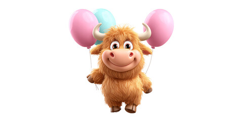 Fototapeta premium Cute cartoon Highland cow calf holding pink and blue balloons, isolated on black background Concept of birthday, celebration, party, and animal character