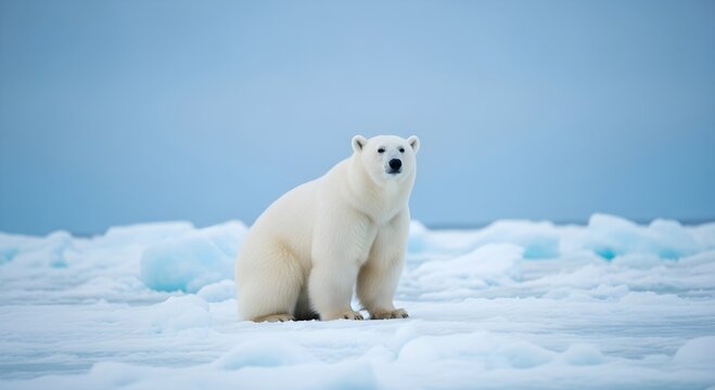 A polar bear sitting on ice with a blue sky in the background looking at the camera lens view