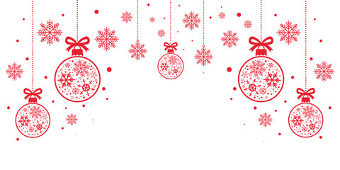 Elegant Christmas border design featuring hanging red ornaments decorated with snowflakes, along with scattered individual snowflakes. Isolated on a white background, this festive, luxury design of