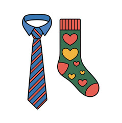 A striped tie and a patterned sock featuring heart shapes are presented side-by-side on a white background.