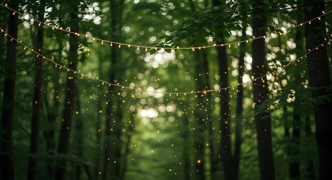 Enchanting string lights illuminate a lush green forest path, creating a magical and serene ambiance for an outdoor event or romantic evening