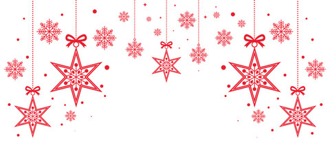 Elegant Christmas border banner featuring hanging red star decorations intricately patterned with snowflakes. Isolated on a clean white background, this festive design is perfect for holiday header