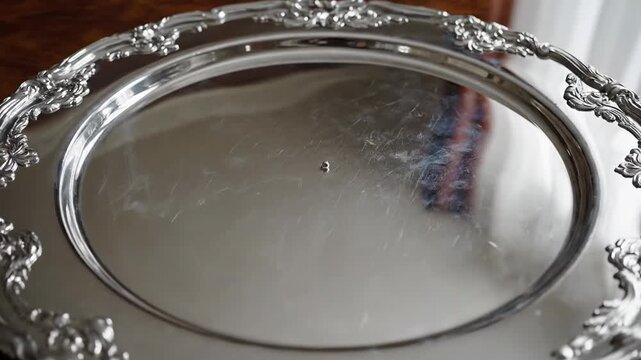 Elegant Silver Platter with Ornate Floral Edging Presented on a Polished Wooden Table