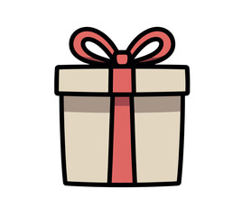 A simple, flat illustration of a gift box tied with a red ribbon and bow.