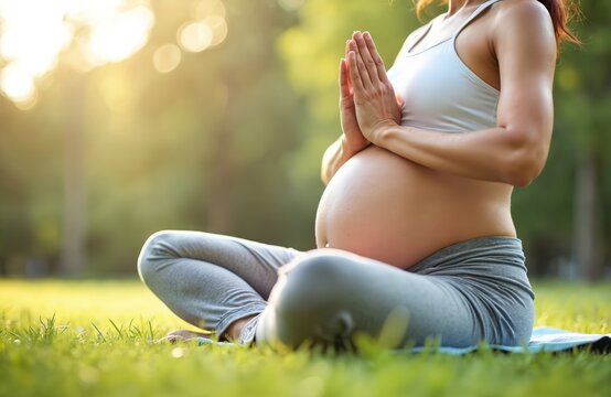 Pregnant woman meditates in park grass. She sits in lotus pose practicing yoga outdoors. Healthy motherhood active lifestyle during pregnancy.