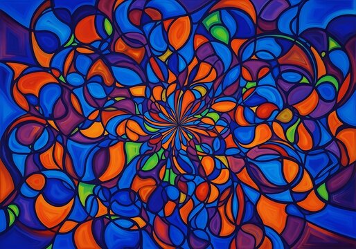 Vibrant abstract painting with interlocking shapes and bold colors for modern decor