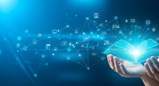 Hands holding digital data with glowing light and abstract network connections - Powered by Adobe