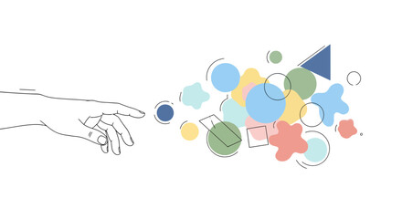 Modern hand reaching for abstract shapes, creative design for business concepts, connecting ideas, innovation, and collaboration in a minimalist style