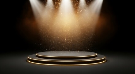 Elegant product display platform with golden accents and dramatic spotlights