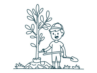 A young boy wearing a hat and holding a shovel is planting a tree in a garden.