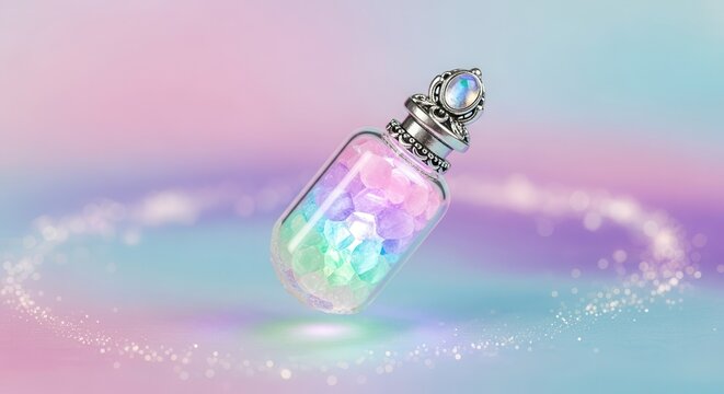 Small decorative glass container with colorful contents floats against a softly colored background