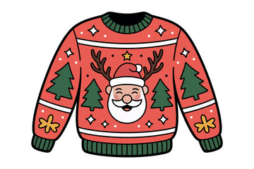 A festive red Christmas sweater features a cheerful Santa Claus face with reindeer antlers, surrounded by iconic holiday symbols like Christmas trees and snowflakes.