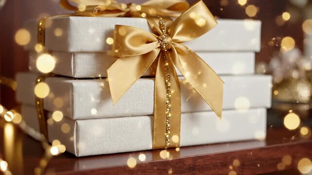 Elegant stack of white gift boxes tied with golden ribbons and bokeh lights