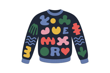 A dark blue knitted sweater is adorned with a vibrant and abstract pattern of colorful shapes and letters spelling out "LOVE MEMORY".