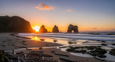 Stunning sunset over a rugged coastal beach with impressive sea stacks and crashing waves