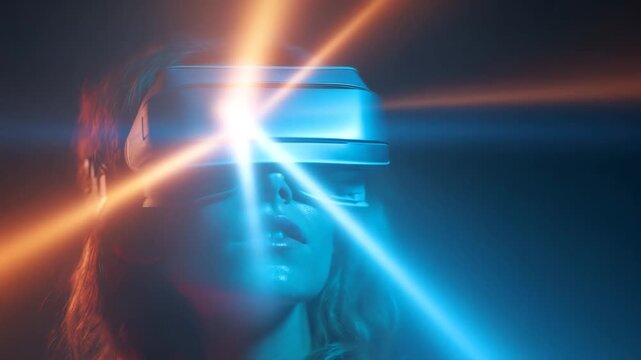 Futuristic woman wearing VR headset with neon light beams in immersive cyber environment