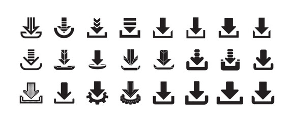 Set of 30 download icons different styles, collection of linear and solid download symbols