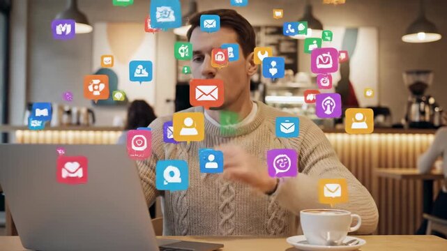 Stressed freelancer working remotely in a cafe feeling overwhelmed by a flood of social media notifications. Emails. And messages flying from his laptop. Illustrating multitasking and digital burnout