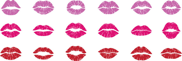 Vibrant lipstick kiss marks in assorted colors. Glossy lip print collection arranged in rows. Perfect for beauty, romance, and cosmetic design themes.