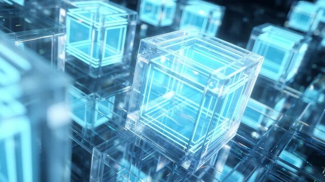 Transparent crystal cube structure in futuristic digital technology environment