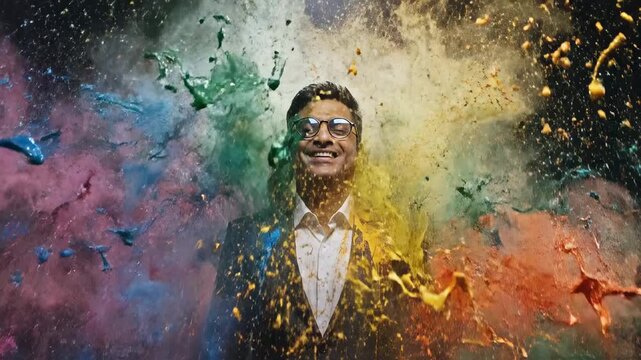 Conceptual video of a businessman's mind exploding with colorful powder, symbolizing stress, creativity, burnout, and the overwhelming chaos of digital information in a modern business environment
