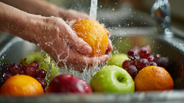 Close up of hands washing fresh fruits under running water in a kitchen sink for healthy eating - Powered by Adobe