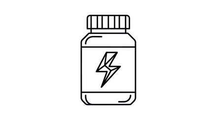 Supplement Bottle with Lightning Bolt Icon Black and White Outline.