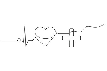 Heartbeat line with heart and medical cross one line drawing