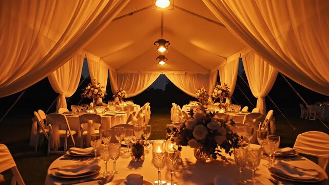 Elegant tented wedding reception with ambient lighting and decorated tables at dusk