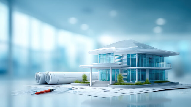 Modern property planning concept with contemporary house model on blueprints and pen