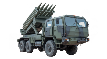 Camouflaged military rocket launcher truck with multiple tubes isolated on a transparent background