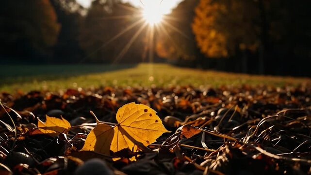 A single yellow leaf lies atop a bed of fallen leaves, perfect for autumn or nature-inspired designs