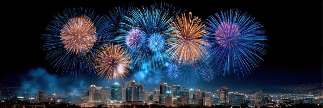 City skyline fireworks celebration property planning colorful night panorama bright festival