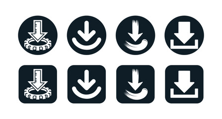 Collection of download icons for user interface design, including various button shapes and styles