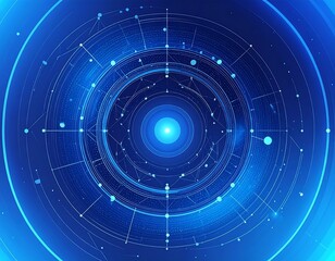 Circular abstract design with points and lines, gradient blue background