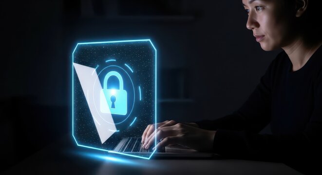 Focused female user interacts with a glowing digital security icon displayed above a portable computer in a dark setting