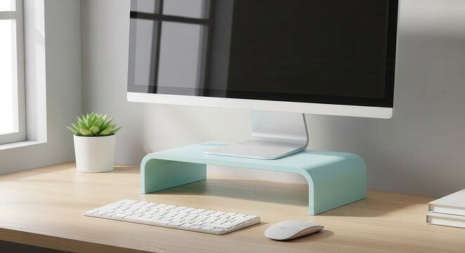 Modern workspace setup features a computer display elevated on a pastel riser next to a small houseplant