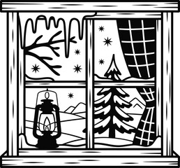 Fototapeta premium Cozy winter view from a window with a vintage lantern, showing a snowy landscape with pine trees and icicles