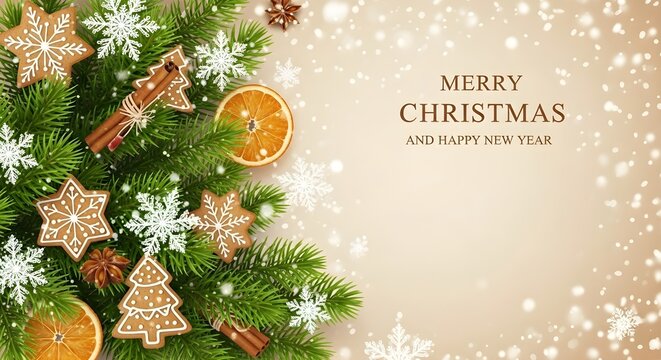 Festive christmas background with fir branches, gingerbread cookies, dried orange slices, cinnamon, and snowflakes, wishing merry christmas and happy new year